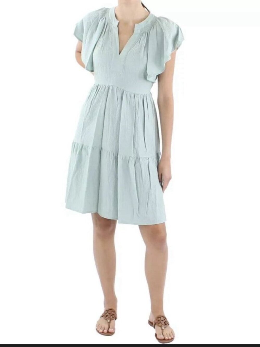 Calvin Klein A-Line Textured Tie Waist Mini Dress Size 2 Seafoam Green V-neck
